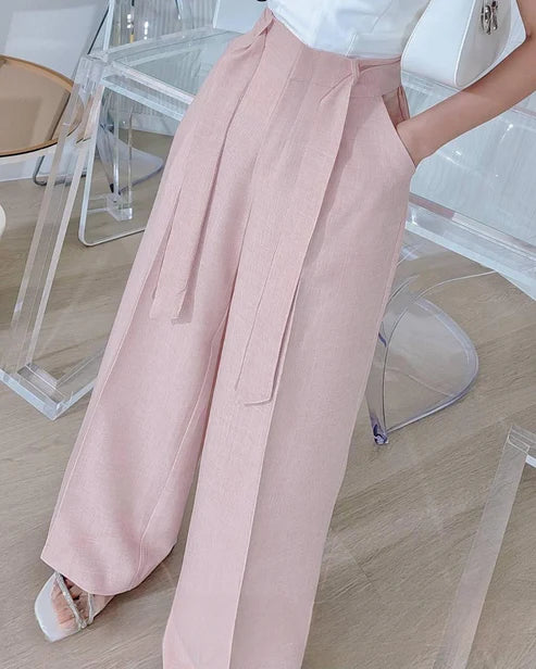 Pastel Shades Linen Look Tie Pants