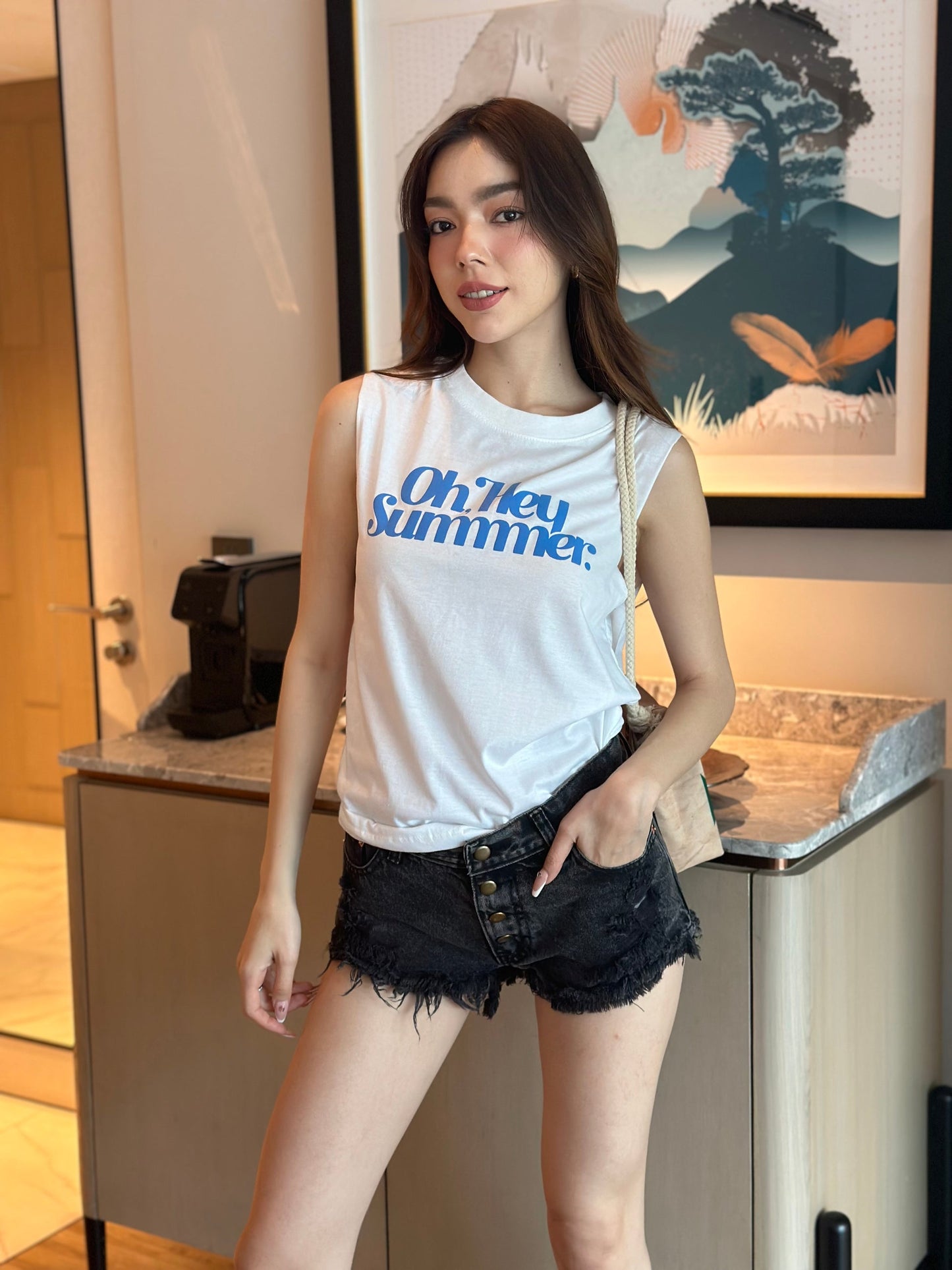 Oh Summer Sleeveless Tee With Low Waist Denim Hot Pants Regular