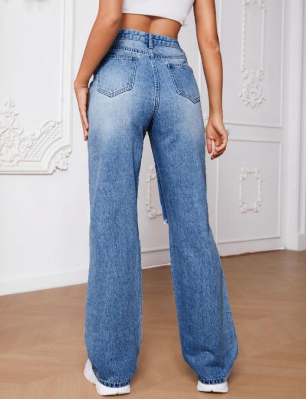 High Waist Knee Cut Jeans - Medium Blue