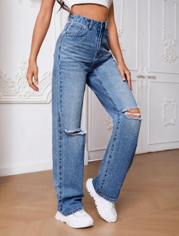 High Waist Knee Cut Jeans - Medium Blue