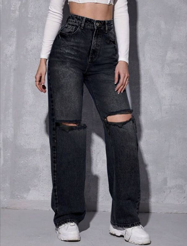 High Waist Knee Cut Jeans - Black