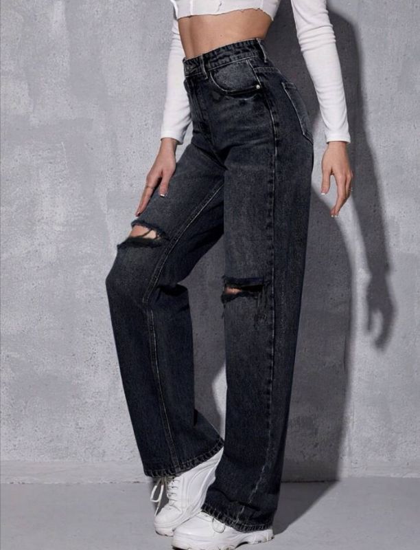 High Waist Knee Cut Jeans - Black