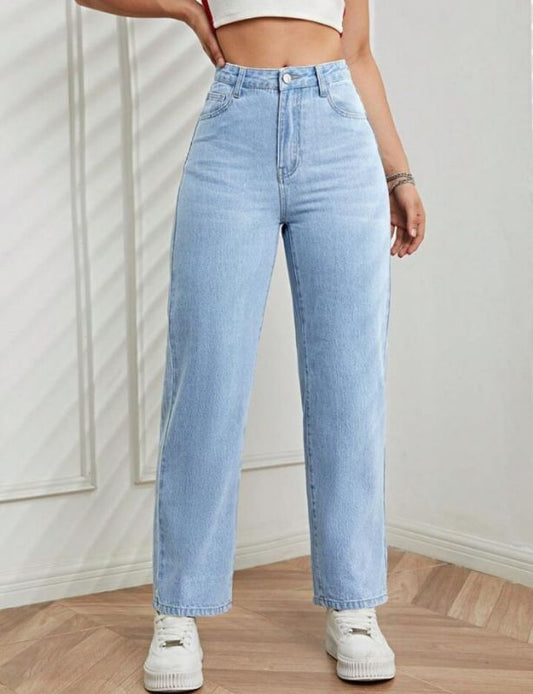 High Waist Straight Leg Jeans - Light Blue