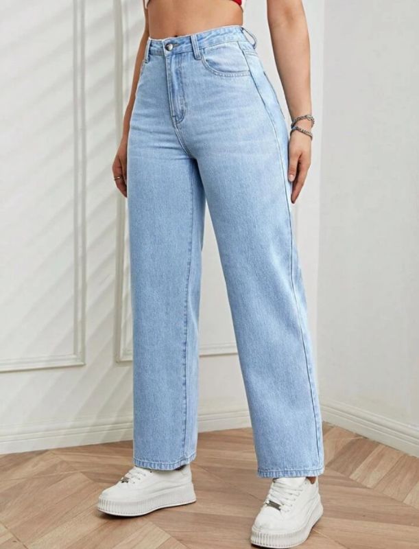 High Waist Straight Leg Jeans - Light Blue