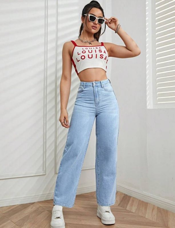 High Waist Straight Leg Jeans - Light Blue