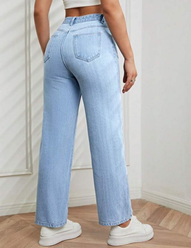 High Waist Straight Leg Jeans - Light Blue