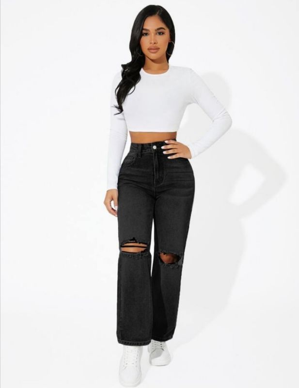 Mom Knee Cut Jeans - Black