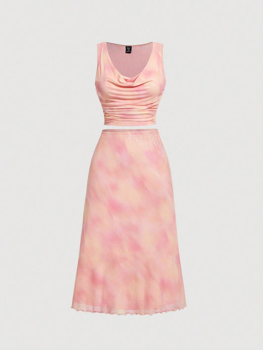 Pink Tie Dye Print Draped Neckline Sleeveless Top With Ruched Waist And Ruffle Hem Skir