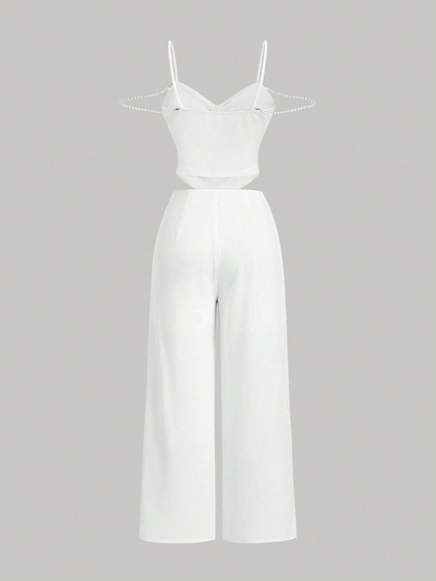 White Pearl Decorated Spaghetti Strap Corset And Wide Leg Pants 2-Piece Set