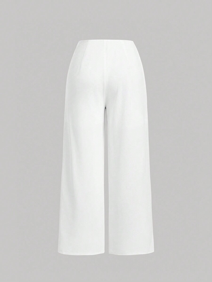 White Pearl Decorated Spaghetti Strap Corset And Wide Leg Pants 2-Piece Set