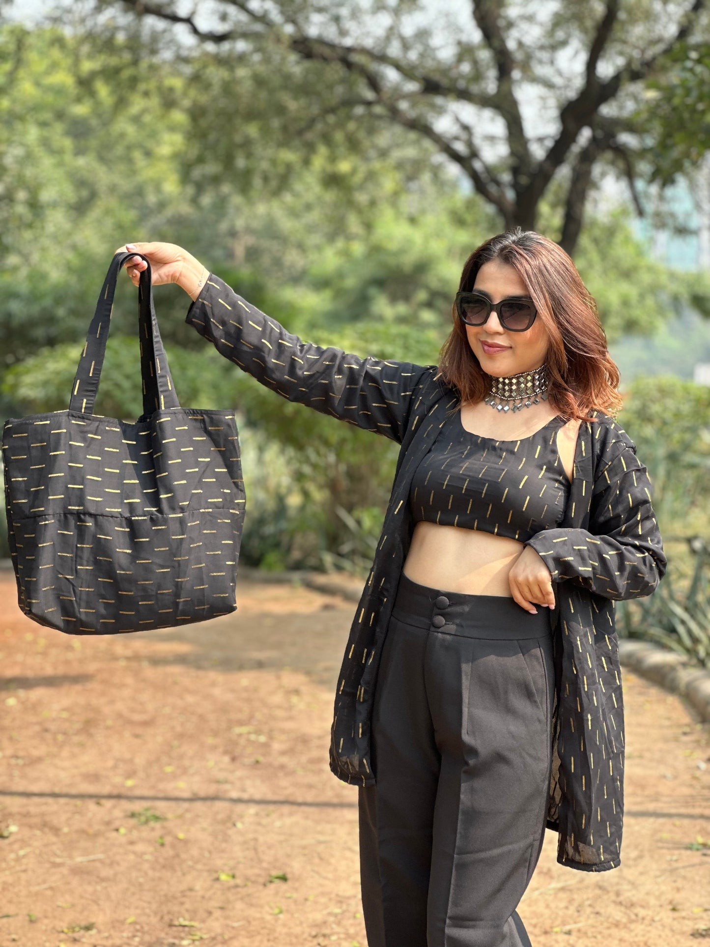 Black Foil Print Top With Shrug & Bag