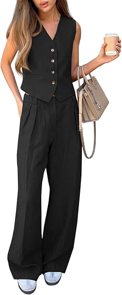Cicy Bell Women's 2 Piece Outfits V Neck Crop Vest Blazer and Wide Leg Suit Pants Sets