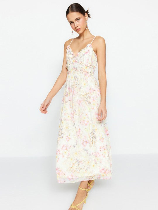 Floral Print Shoulder Straps Fit & Flare Maxi Dress