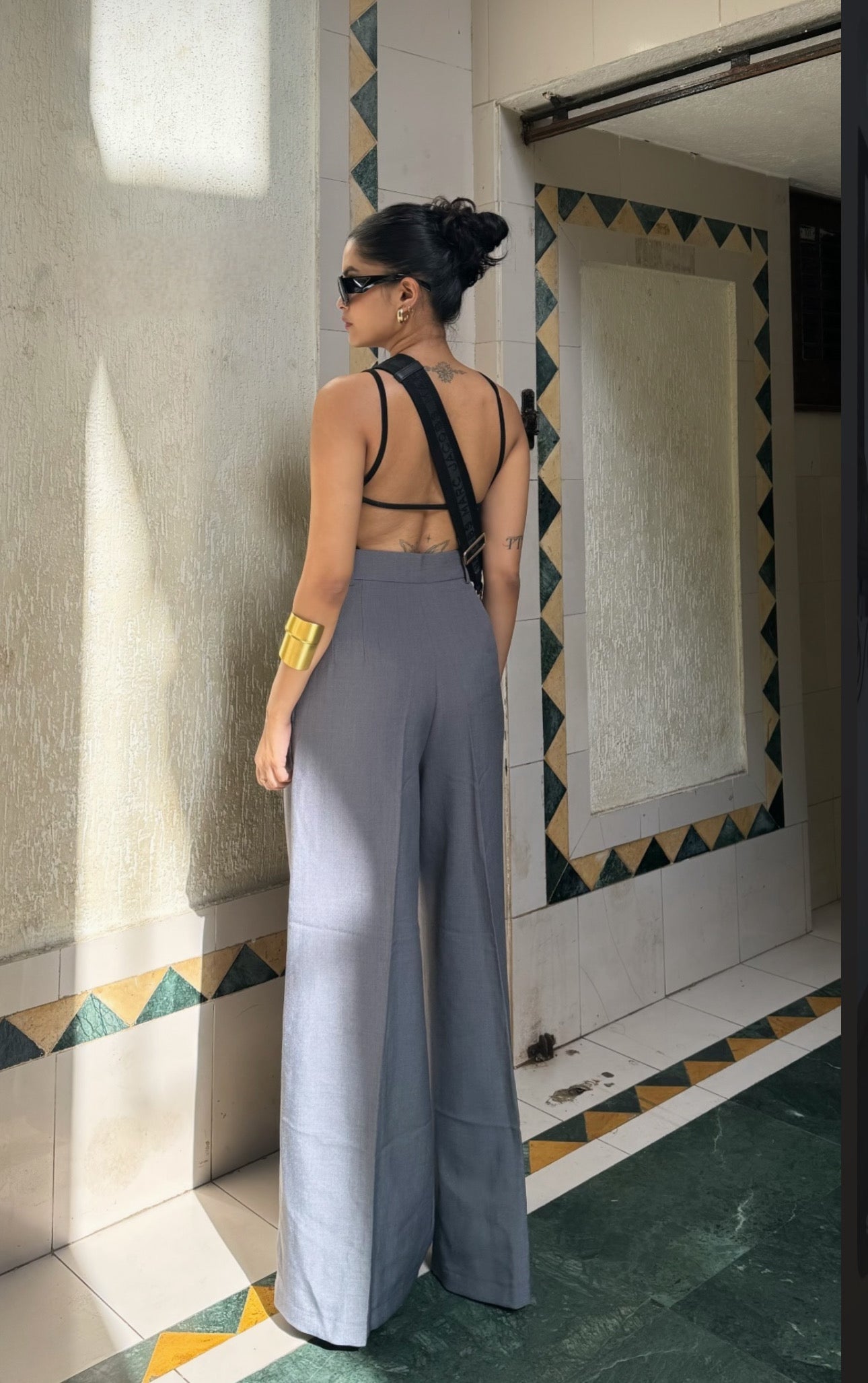 Dated Grey Baggy Pants With Back Show Bodysuit