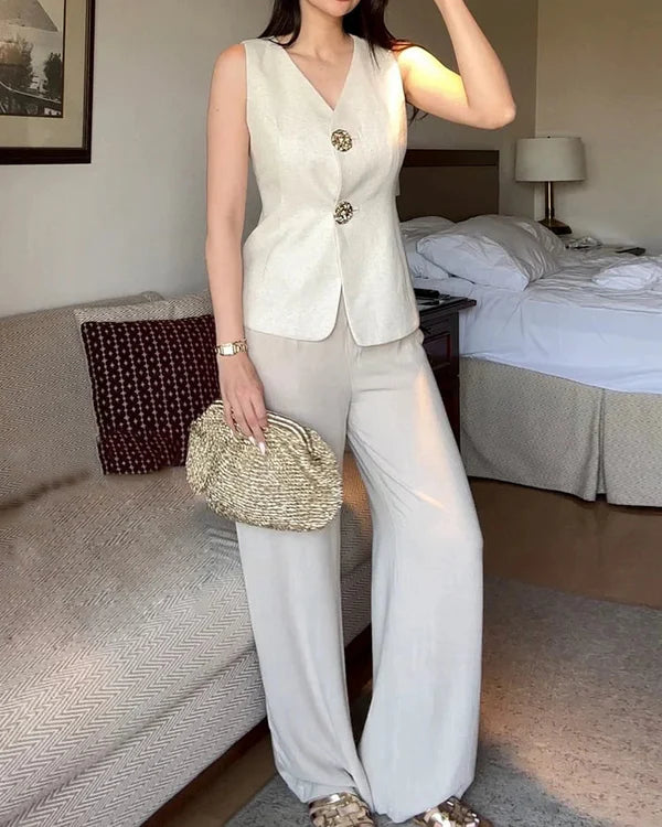 White Metal Button Vest Coat with Pants