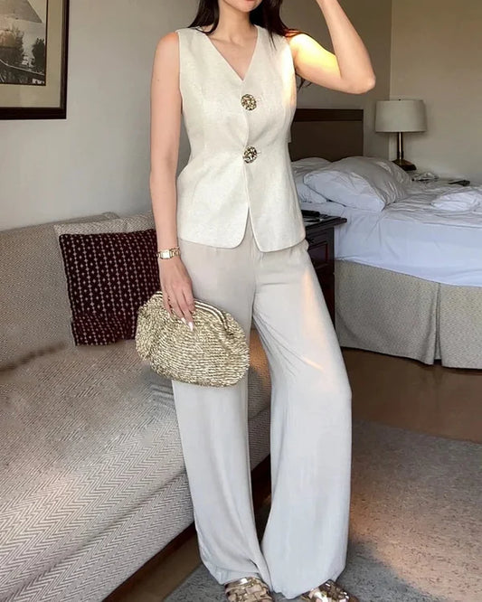 White Metal Button Vest Coat with Pants
