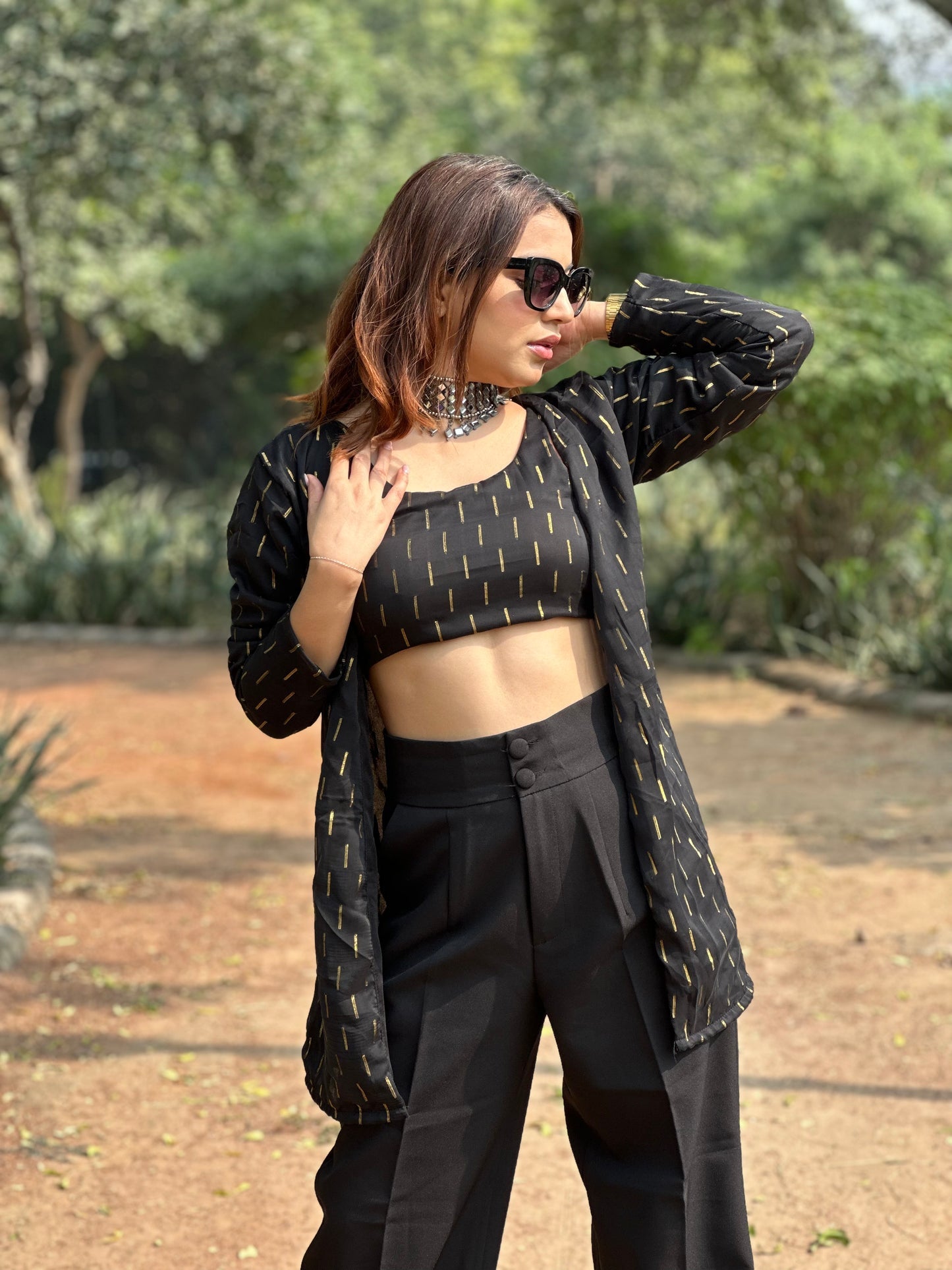 Black Foil Print Top With Shrug & Bag