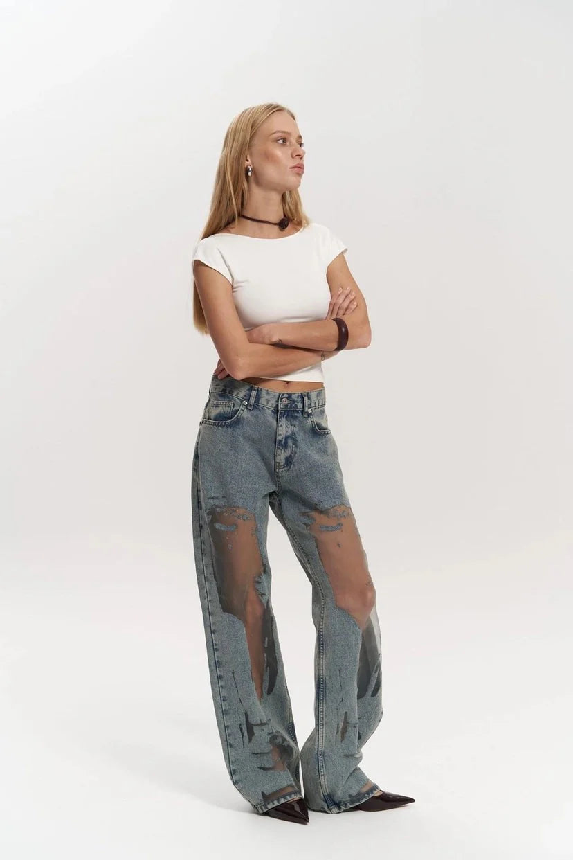 Custom Women Washed Denim Mid Waist Long Length Jeans Transparent Mesh Jeans Trousers Lace Women's Pants