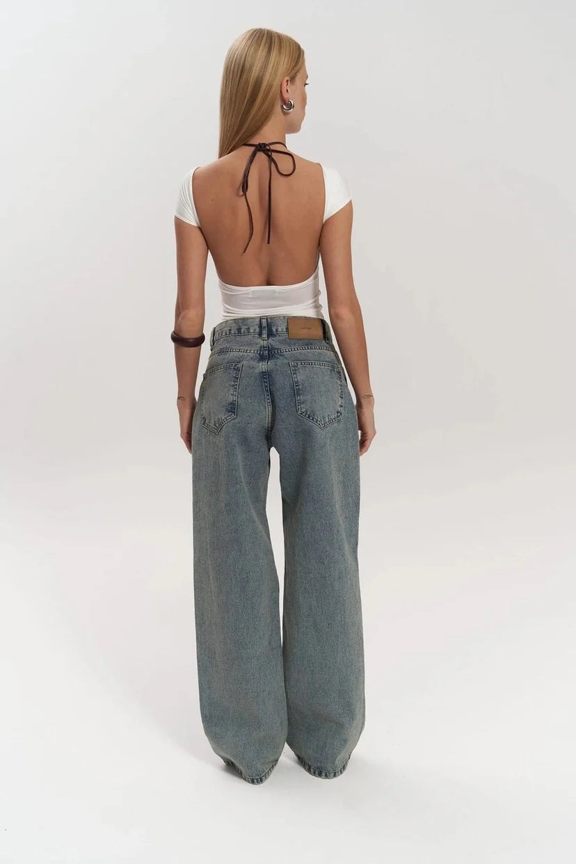 Custom Women Washed Denim Mid Waist Long Length Jeans Transparent Mesh Jeans Trousers Lace Women's Pants