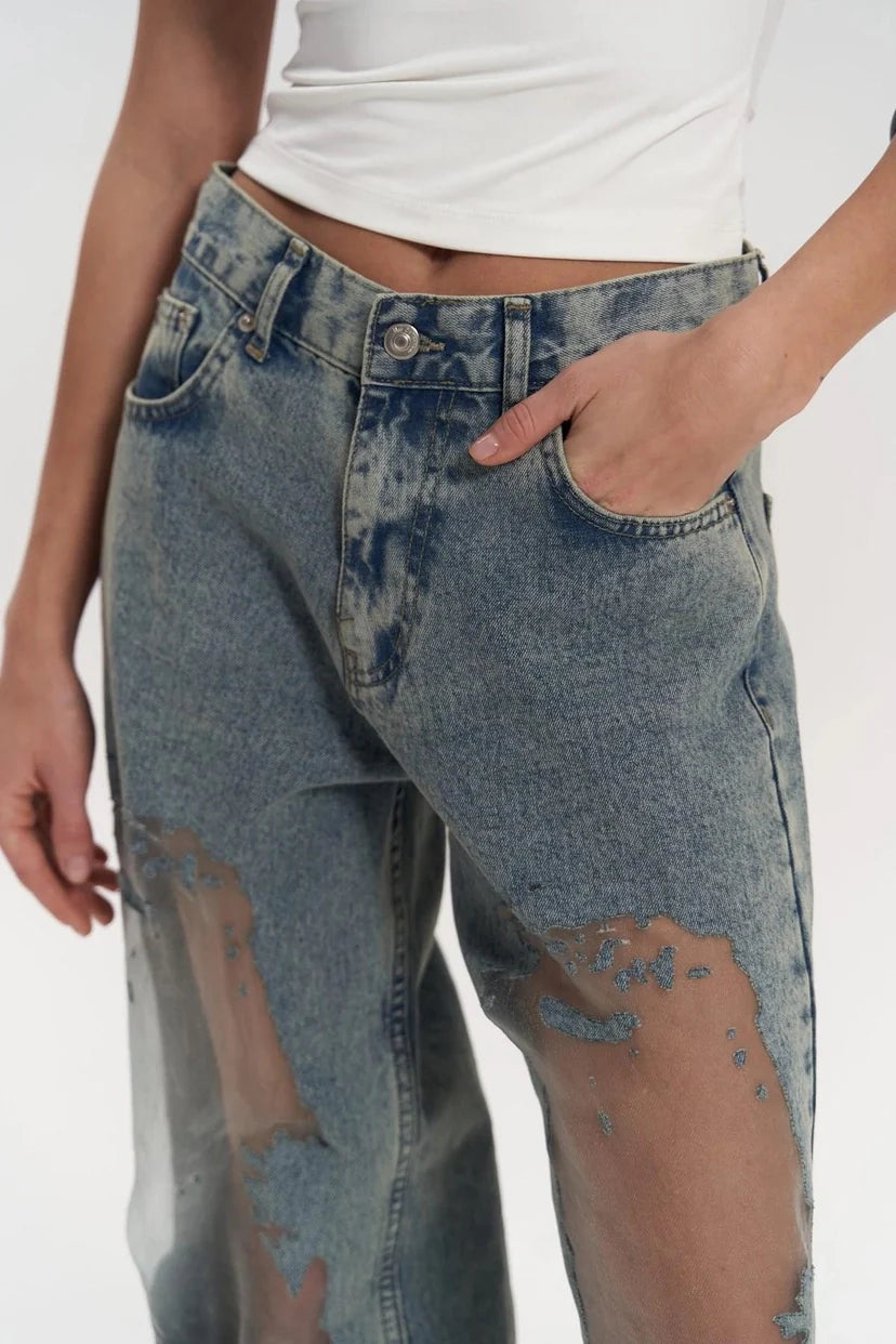 Custom Women Washed Denim Mid Waist Long Length Jeans Transparent Mesh Jeans Trousers Lace Women's Pants