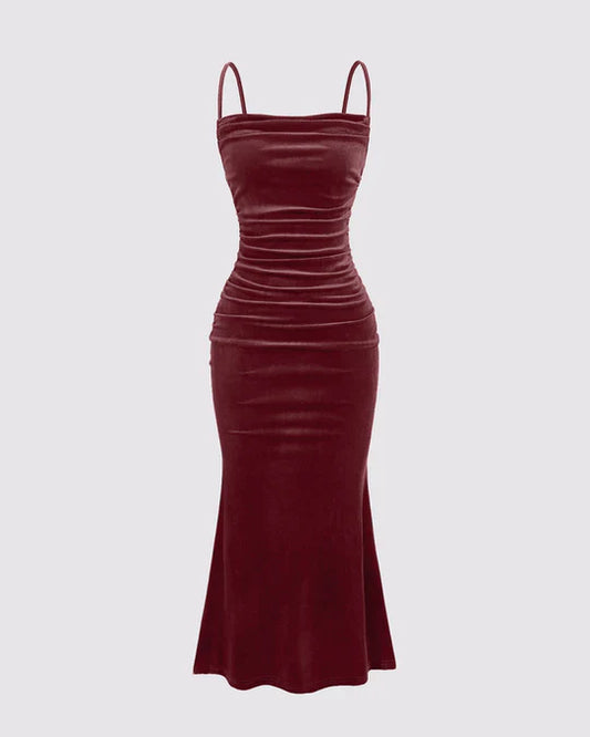 Solid Color Spaghetti Strap Ruched Slim Fit Casual Vacation Dress For New Year Holiday Party Clothes Burgundy Maxi Velvet Women Outfit