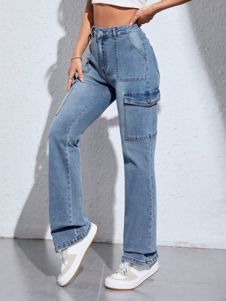 Trendy Highwaist Cargo Denim 6 Pockets Blue