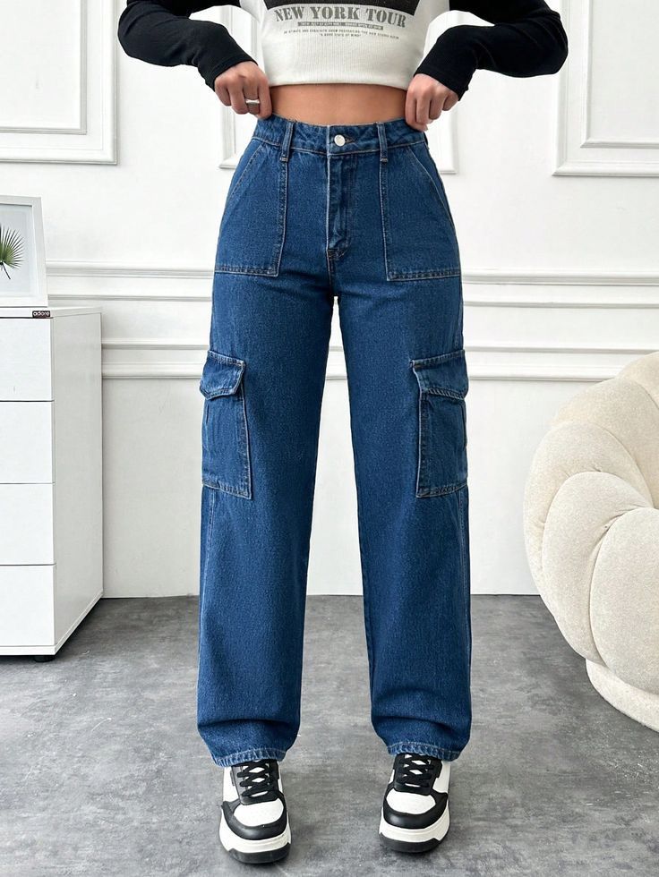 Trendy Highwaist Cargo Denim 6 Pockets Blue