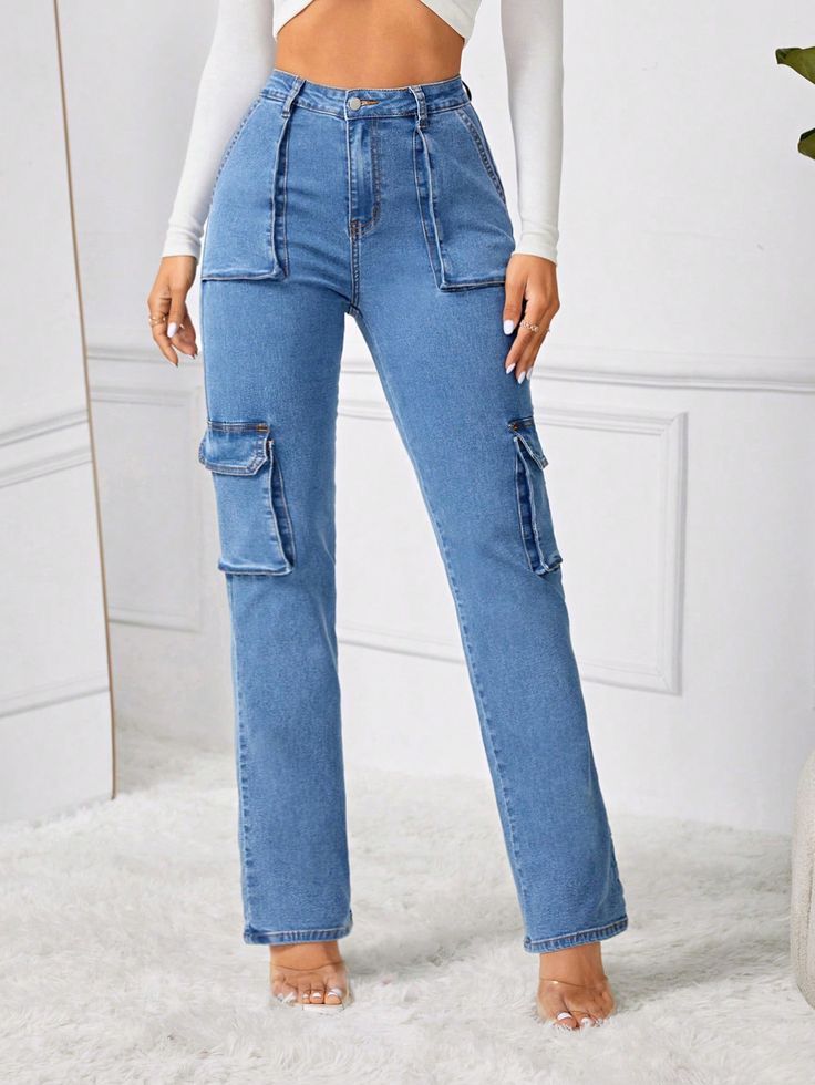 Trendy Highwaist Cargo Denim 6 Pockets Blue