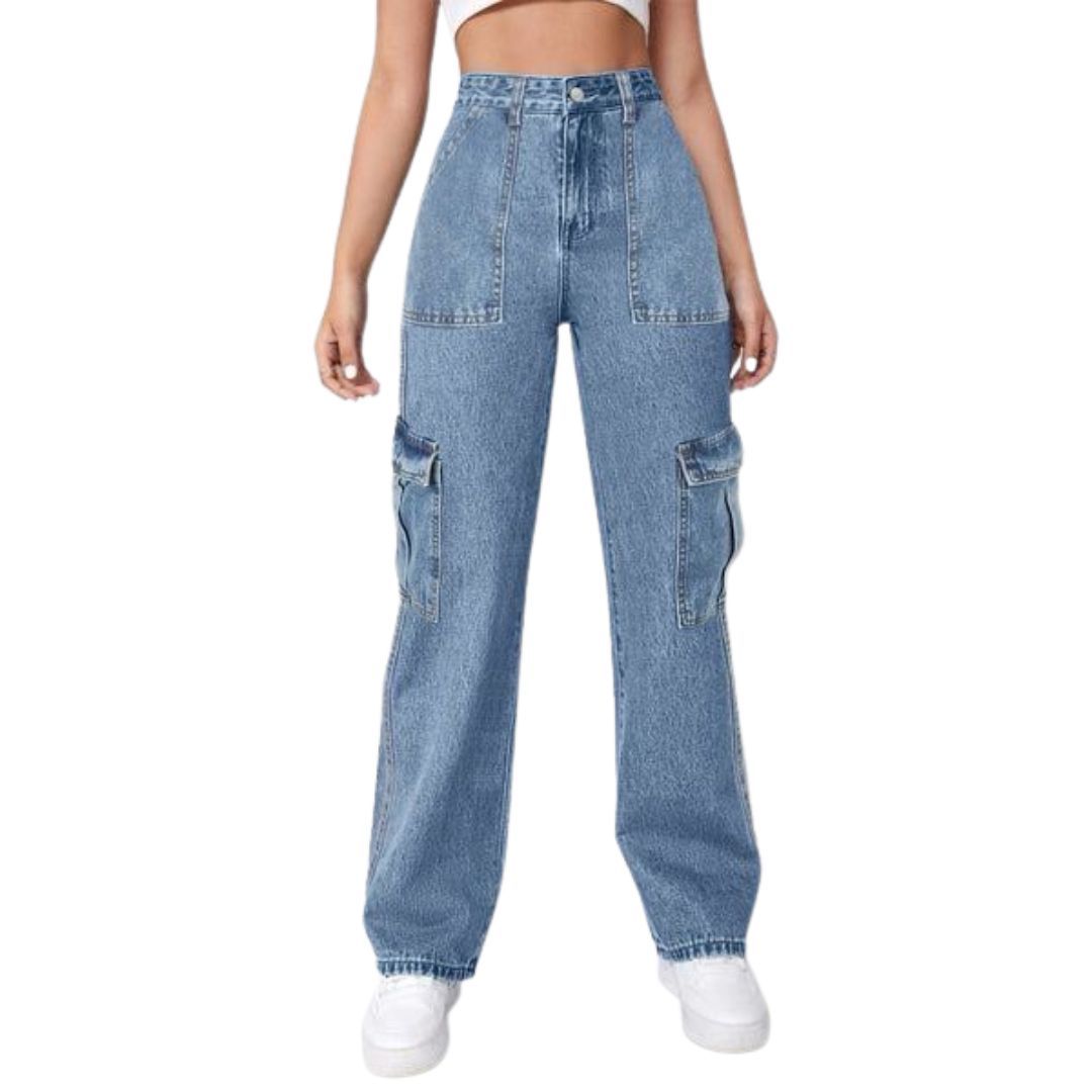 Trendy Highwaist Cargo Denim 6 Pockets Blue