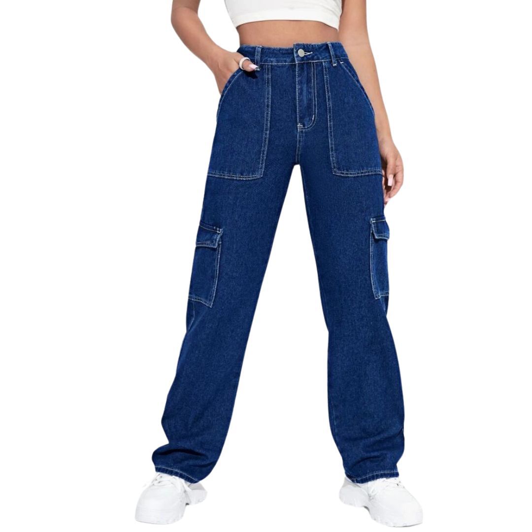 Trendy Highwaist Cargo Denim 6 Pockets Blue