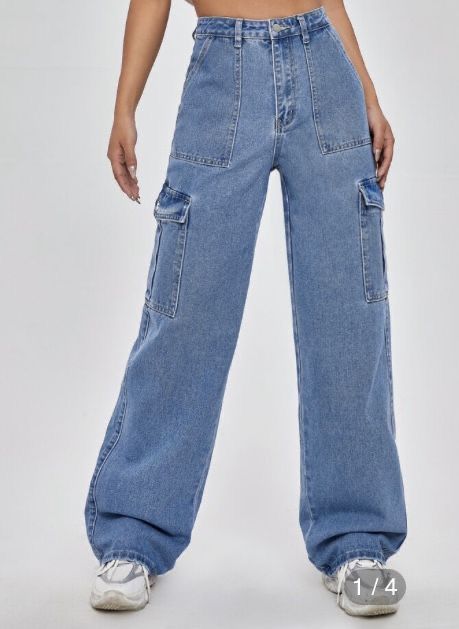 Trendy Highwaist Cargo Denim 6 Pockets Blue