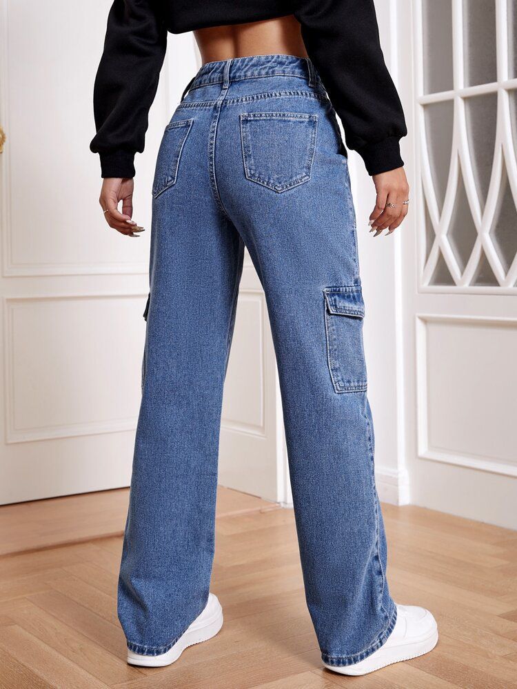 Trendy Highwaist Cargo Denim 6 Pockets Blue