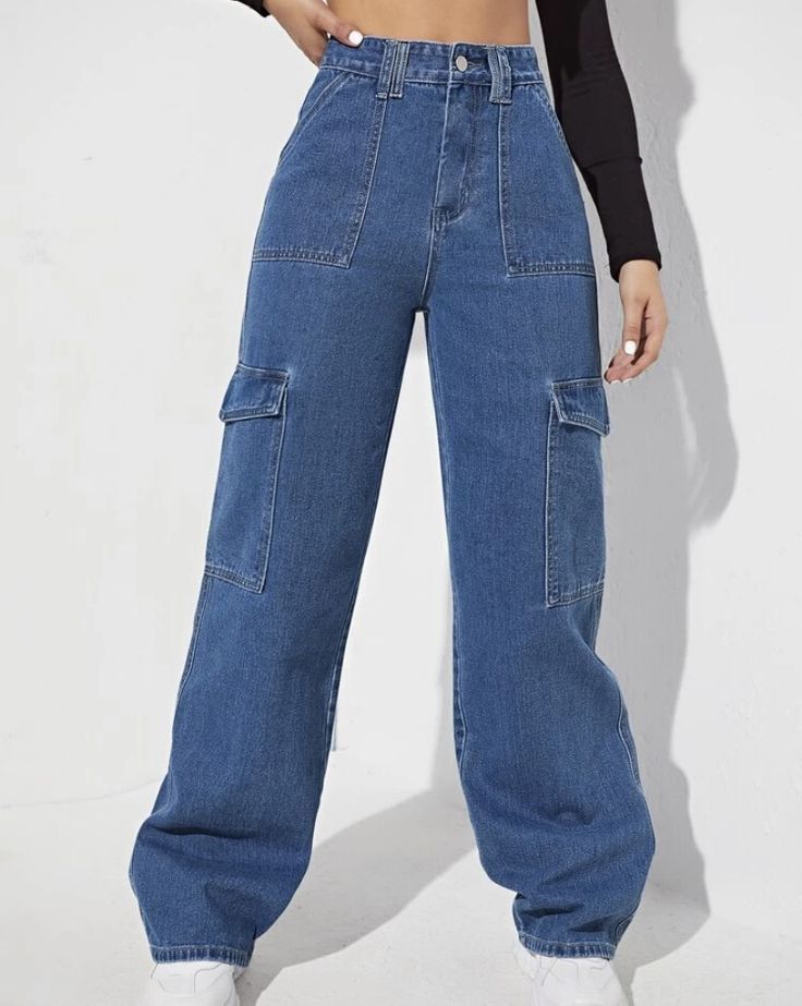 Trendy Highwaist Cargo Denim 6 Pockets Blue