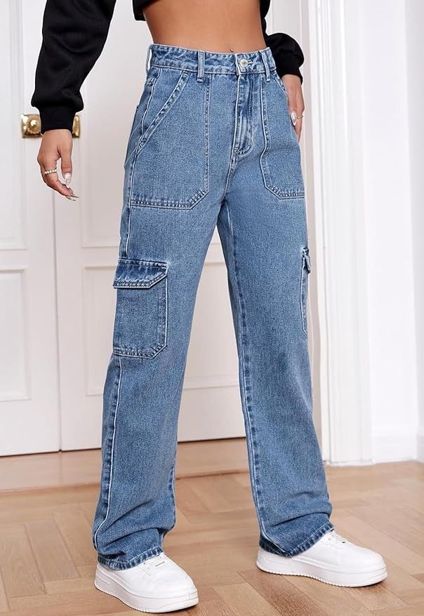 Trendy Highwaist Cargo Denim 6 Pockets Blue