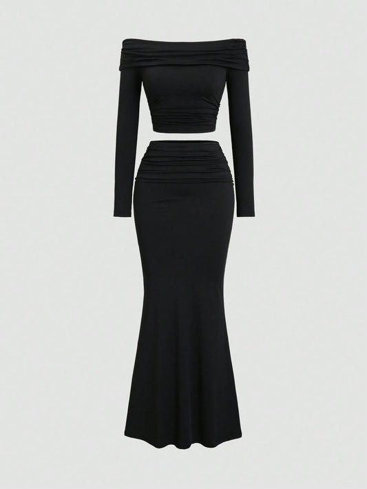 Timeless Black Ruched Two-Piece Set