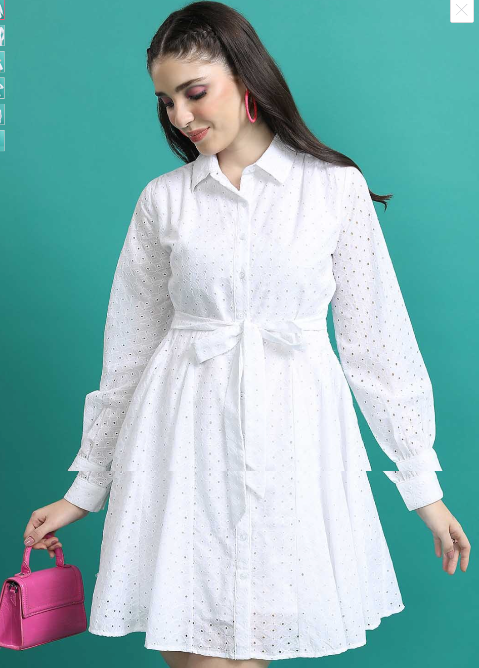 White Schiffli Shirt Style Above Knee Dress