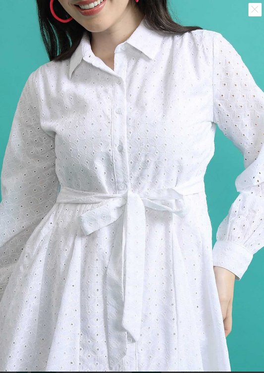 White Schiffli Shirt Style Above Knee Dress