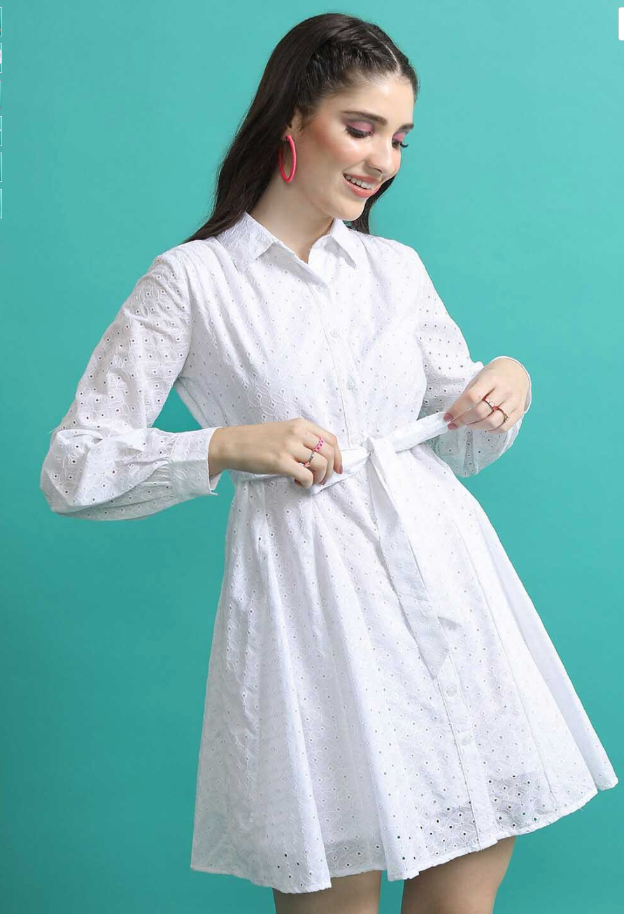 White Schiffli Shirt Style Above Knee Dress