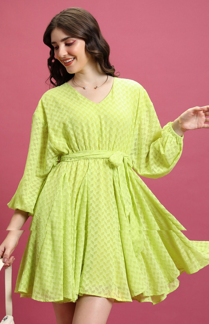 Lime Green Self Design A-Line Mini Dress