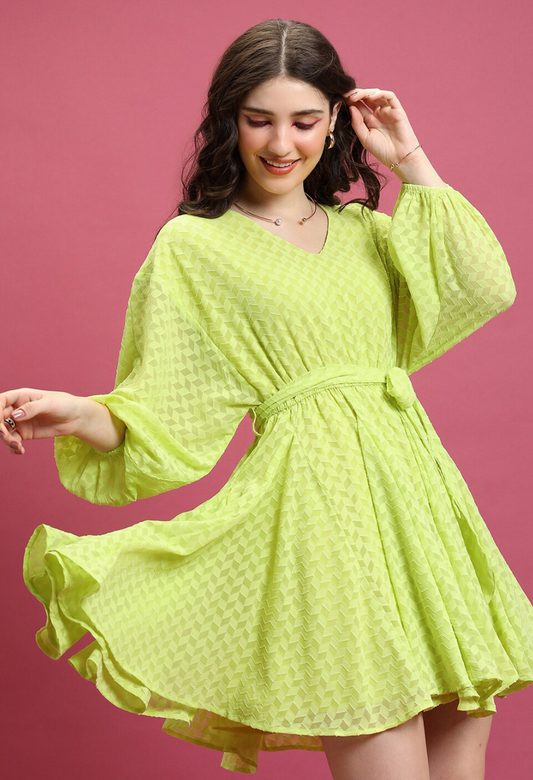 Lime Green Self Design A-Line Mini Dress